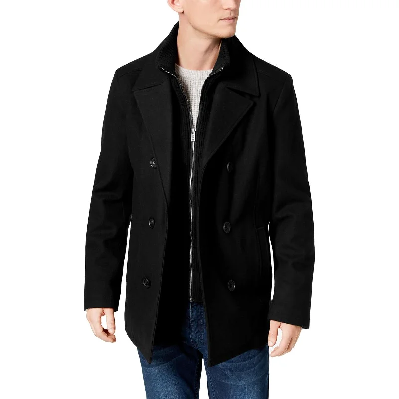 Kenneth Cole Mens Wool Double Breasted Pea Coat Belted Midi-Length Coat