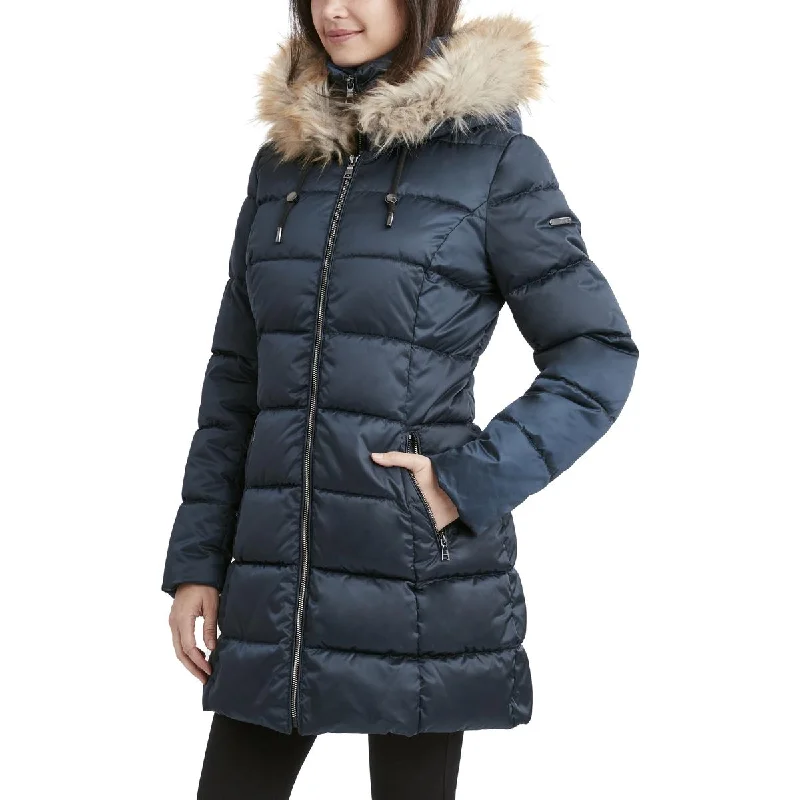 Laundry by Shelli Segal Women's Satin Quilted Puffer Coat with Faux Fur Trim Draped Longline Jacket Laundry by Shelli Segal Women's Satin Quilted Puffer Coat with Faux Fur Trim Draped Longline Jacket