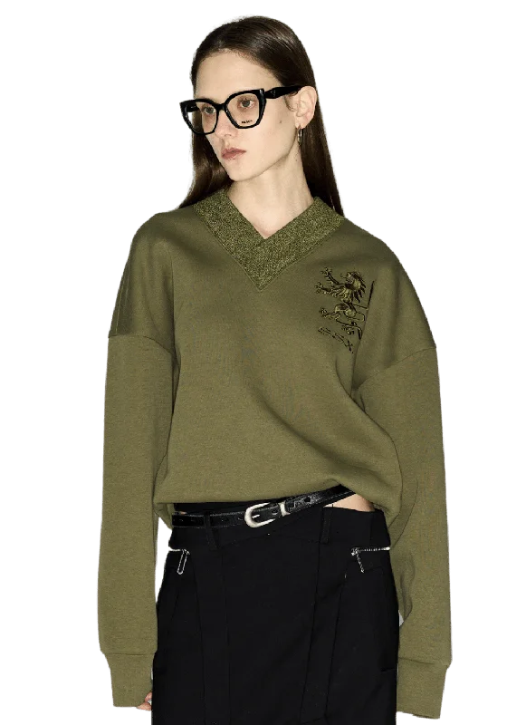 Lion Embroidered Sweatshirt Hoodie with Raglan Sleeves Sporty Comfortable