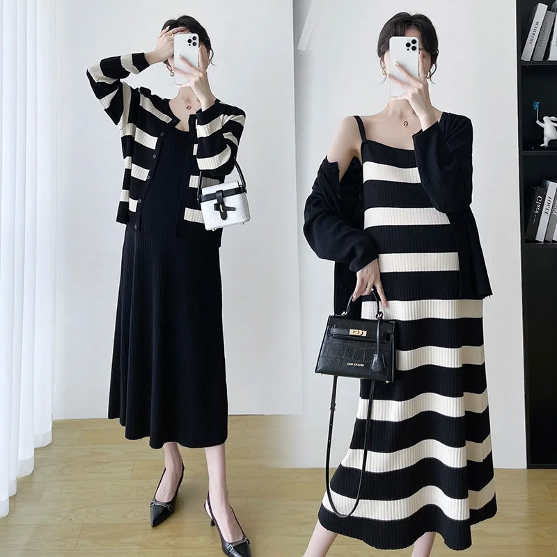 NiDELL Maternity Clothes . Autumn New Loose and Simple Fashion Striped Cardigan Striped Slip Dress Set Spandex Blend Rayon Blend Denim Blend NiDELL Maternity Clothes . Autumn New Loose and Simple Fashion Striped Cardigan Striped Slip Dress Set Spandex Blend Rayon Blend Denim Blend