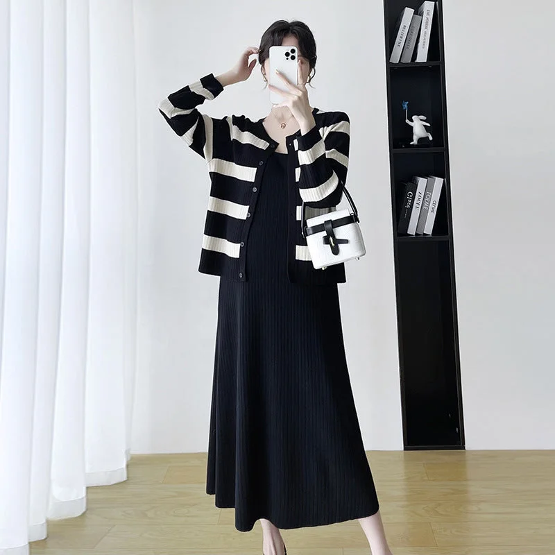 Striped Cardigan plus Black Dress