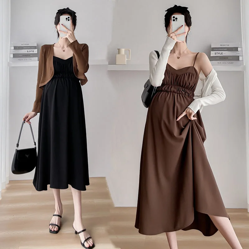 NiDELL Maternity Dress . Spring and Autumn New Suspender Long Dress Cardigan Fashion Two-Piece Suit Suspender Skirt Fashion Satin Blend Silk Blend Wool Blend NiDELL Maternity Dress . Spring and Autumn New Suspender Long Dress Cardigan Fashion Two-Piece Suit Suspender Skirt Fashion Satin Blend Silk Blend Wool Blend