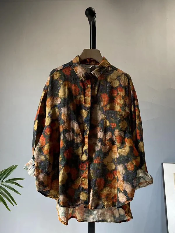 Plus Size Women Summer Vintage Floral Cardigan Linen Shirt Front Pockets Side Pockets Patch Pockets Plus Size Women Summer Vintage Floral Cardigan Linen Shirt Front Pockets Side Pockets Patch Pockets