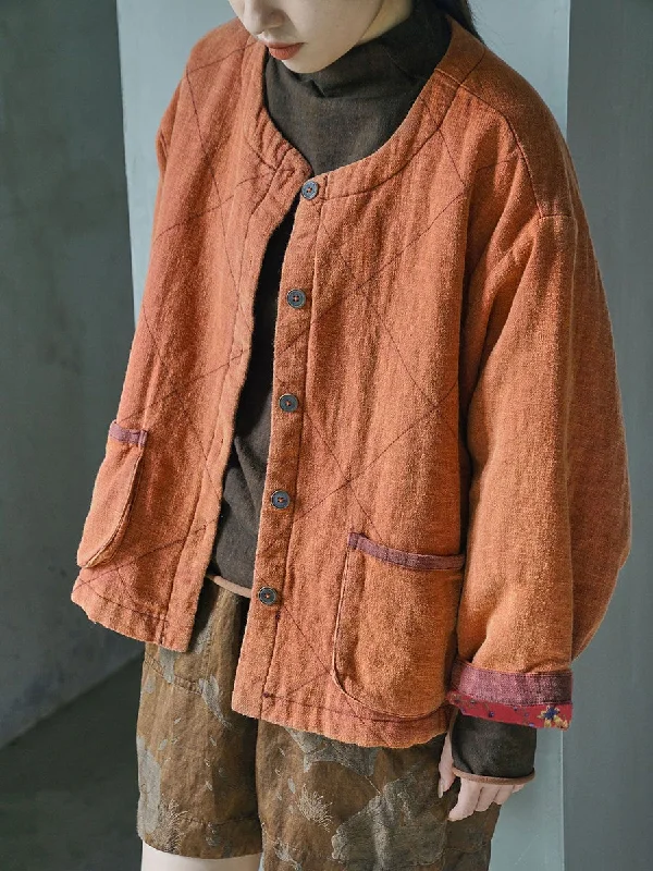 Plus Size Women Winter Vintage Linen Padded Coat Collared Pea Coat