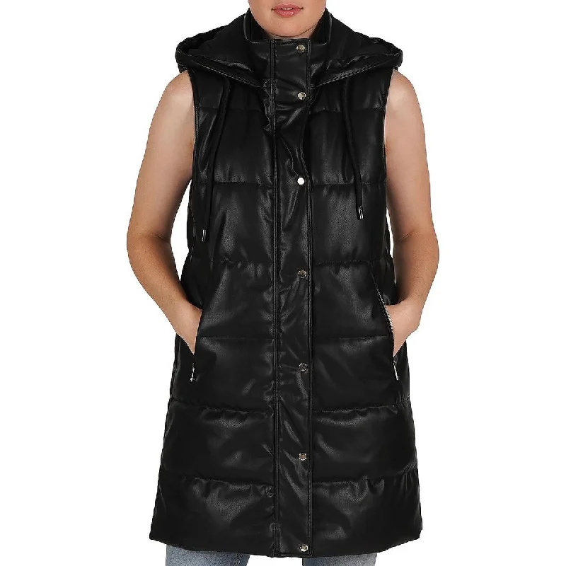 Stella + Lorenzo Womens Faux Leather Quilted Outerwear Vest Soft Flannel Shacket