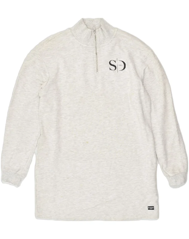 SUPERDRY Womens Zip Neck Sweatshirt Jumper Dress UK 14 Large Grey Cotton Hoodie with Drop Shoulder Relaxed Streetwear