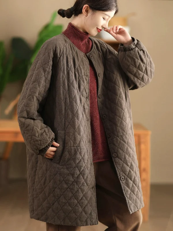 Women Autumn Casual Solid Rhomboid Linen Padded Coat Checkered Wool Shacket