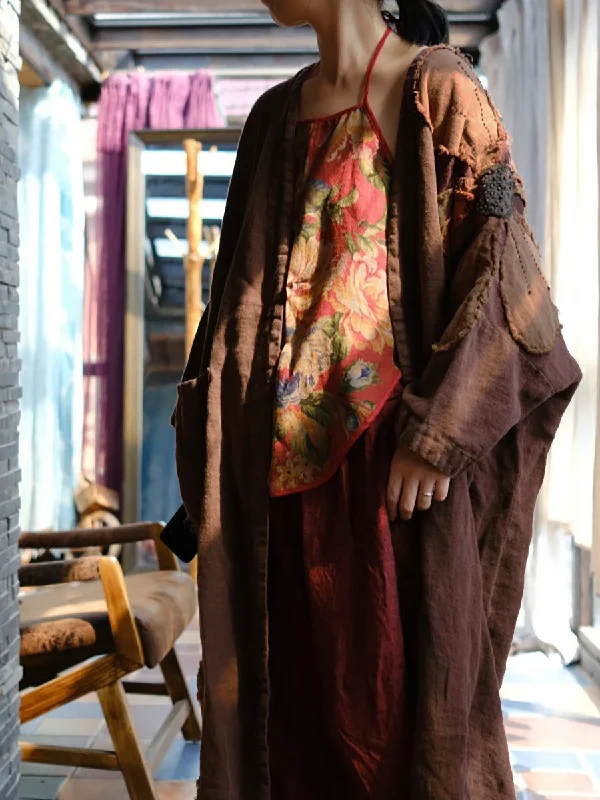 Women Autumn Ethnic Flower Patch Spliced Linen Coat Fur-Lined Aviator Coat