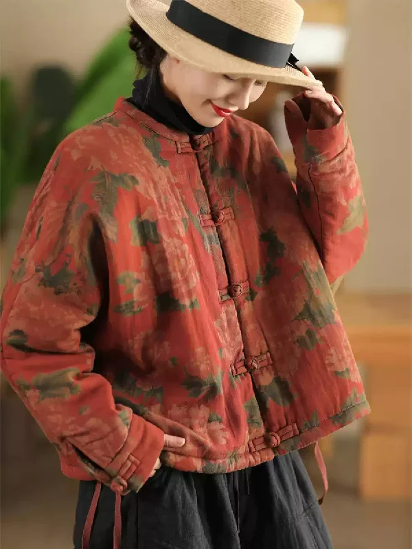 Women Autumn Ethnic Flower Short Linen Padded Coat Open-Knit Duster Coat