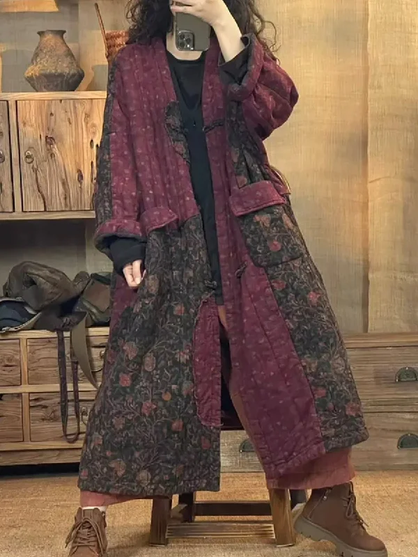Women Autumn Flower Patch Spliced Linen Padded Coat Luxe Satin Long Coat