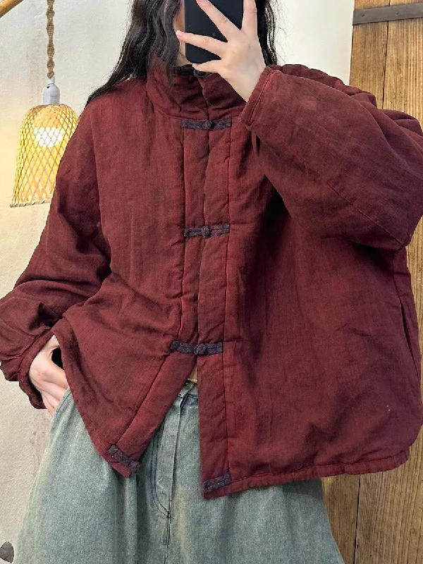 Women Autumn Vintage Solid Stand Collar Short Linen Padded Coat Recycled Down Jacket Women Autumn Vintage Solid Stand Collar Short Linen Padded Coat Recycled Down Jacket