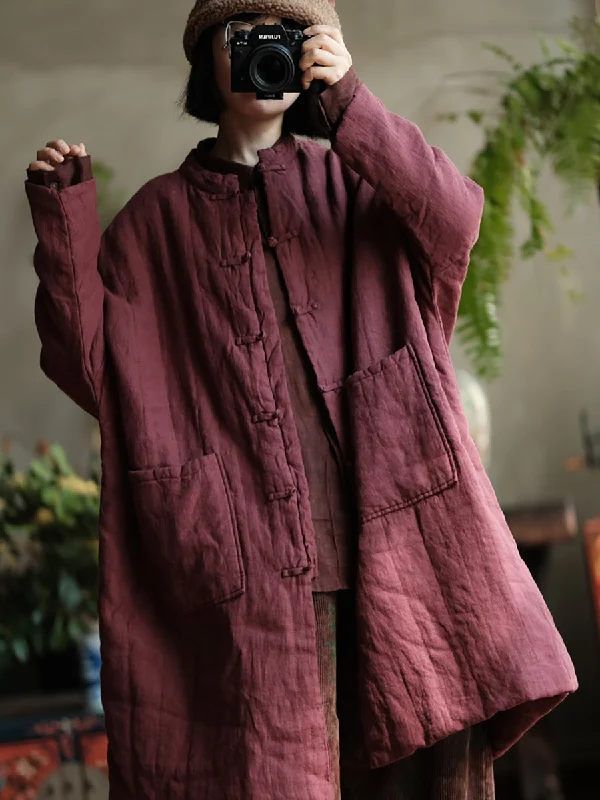 Women Autumn Vintage Stand Collar Solid 100%Linen Padded Coat Quilted Hybrid Jacket