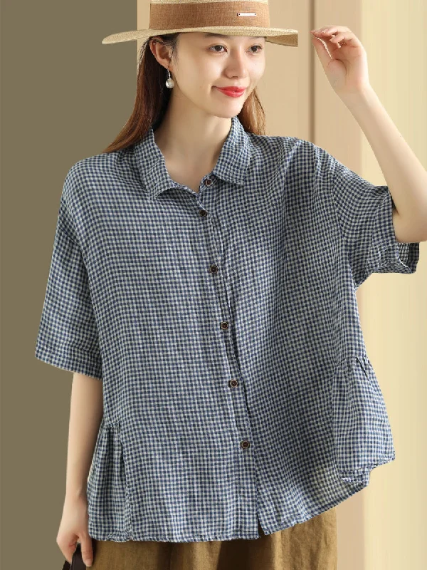 Plus Size Women Summer Casual Plaid Button Cardigan Linen Shirt Welt Pockets Slit Pockets Flap Pockets Plus Size Women Summer Casual Plaid Button Cardigan Linen Shirt Welt Pockets Slit Pockets Flap Pockets