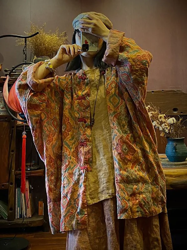 Women Vintage Autumn Print 100%Linen Button-up Coat Functional Travel Jacket