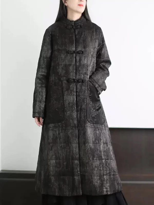 Women Winter Retro Print Linen Long Coat Flowy Lightweight Kimono