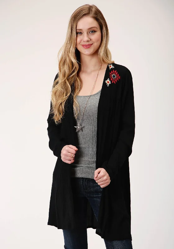 WOMENS BLACK WITH WILD WEST EMBROIDERY LONG SLEEVE CARDIGAN Transparent Opaque Sheer WOMENS BLACK WITH WILD WEST EMBROIDERY LONG SLEEVE CARDIGAN Transparent Opaque Sheer
