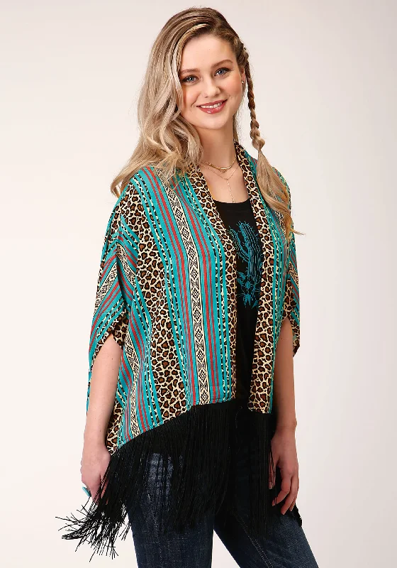 WOMENS  LEOPARD STRIPE PRINT RAYON PONCHO CARDIGAN Handmade Hand-knitted Hand-woven