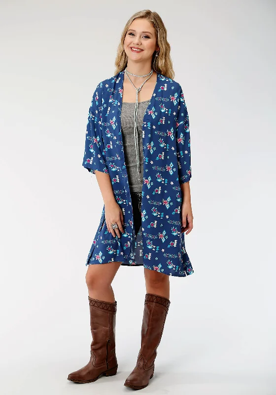 WOMENS BLUE AZTEC PRINT LONG SLEEVE CARDIGAN Bright Pastel Dark