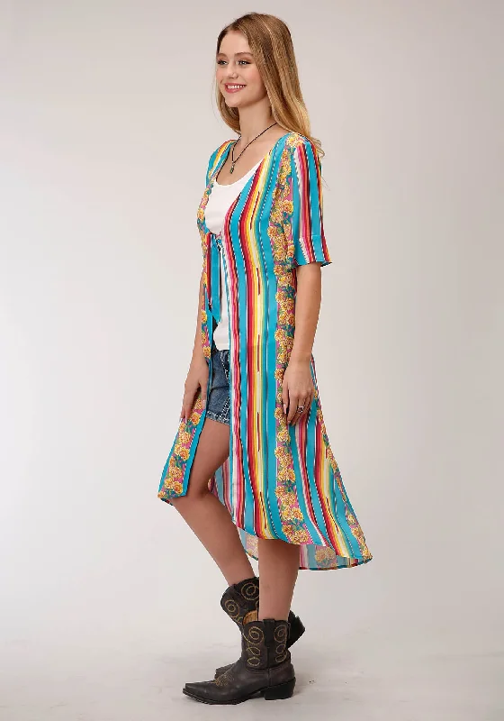 WOMENS BLUE YELLOW AND RED SERAPE PRINT SHORT SLEEVE CARDIGAN Glossy Satin Silk