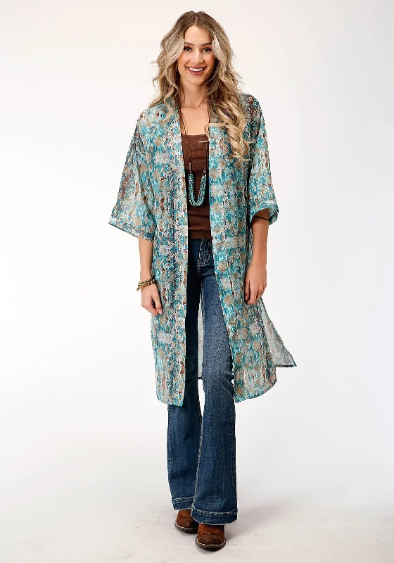 WOMENS  POLY TEAL SNAKE PRINT KIMONO CARDIGAN Soft Cozy Warm