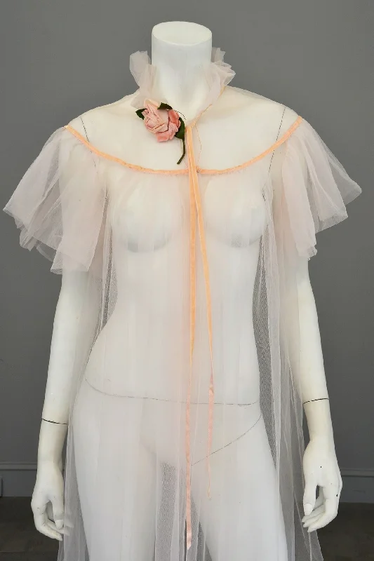 1950s 60s Ethereal Pink Mesh Flutter Sleeves Fairycore Robe House Coat by Lady Leonora Hooded Parka Coat 1950s 60s Ethereal Pink Mesh Flutter Sleeves Fairycore Robe House Coat by Lady Leonora Hooded Parka Coat