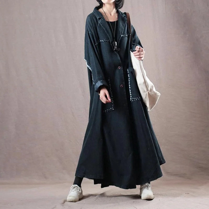 2018 denim black coats Loose fitting Notched trench coat Fashion large hem pockets coats Puff Sleeve Overcoat 2018 denim black coats Loose fitting Notched trench coat Fashion large hem pockets coats Puff Sleeve Overcoat