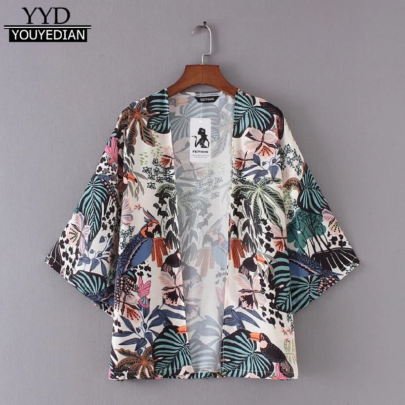 Women's Summer Sun-proof Chiffon Kimono Floral Cardigan Mesh Cardigan Canvas Denim