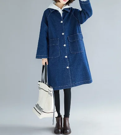 2019 New Turn-down Collar Full Sleeve Demin Long Women Autumn Winter Trench Loose Casual Korean Women Clothes Coats High-Collar Puffer Coat