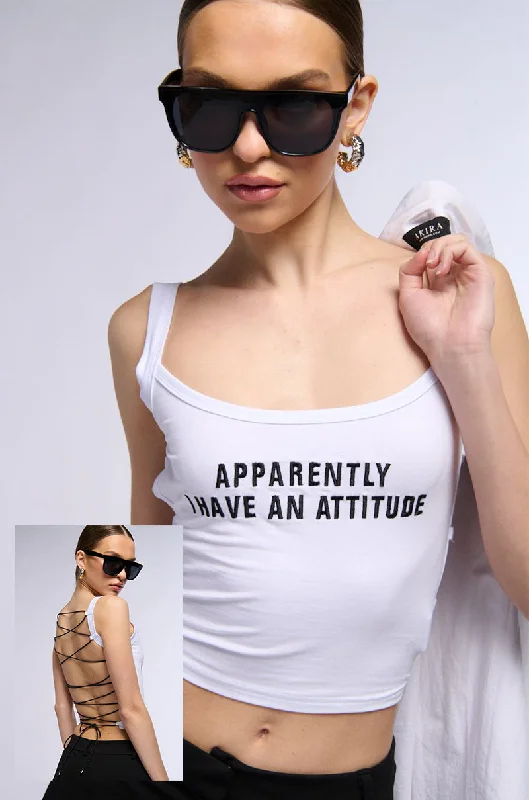 APPARENTLY I HAVE AN ATTITUDE LACE UP BACK TANK TOP off shoulder tank