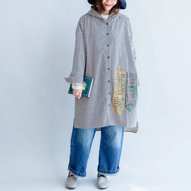 autumn black beige striped prints cotton shirt dress plus size hooded cardigans mid dress Hooded Cardigan Collared Cardigan Shawl Collar
