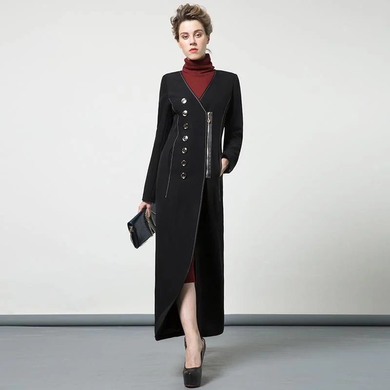 autumn new black cotton blended patchwork long coat v neck back open slim fit trench coats Ruched Sleeve Blazer autumn new black cotton blended patchwork long coat v neck back open slim fit trench coats Ruched Sleeve Blazer