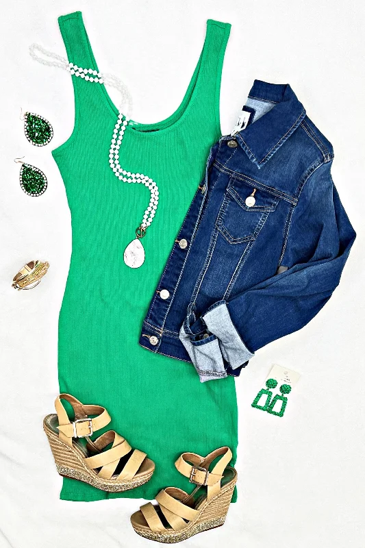 Basic Ribbed Tank Dress - Green