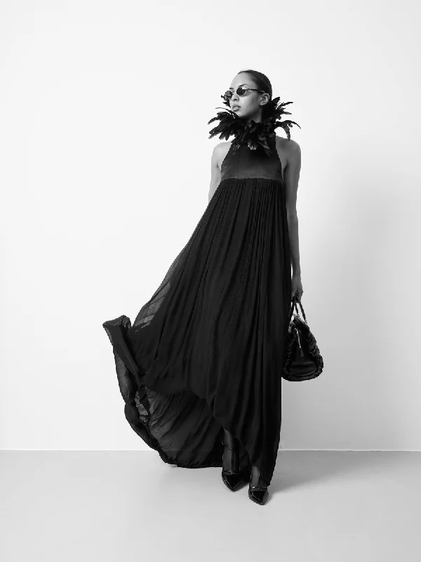 Black feather chiffon dress