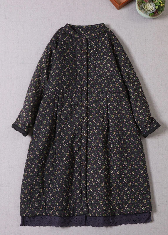 Boho Black Print Fine Cotton Filled Winter Coats Winter Cozy Knitted Poncho