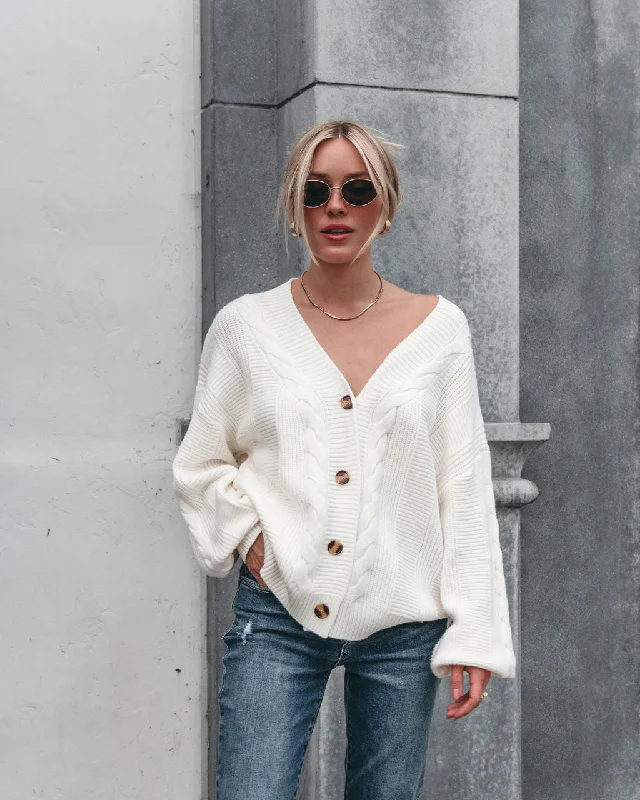 Camden Button Down Cardigan - Cream Notch Collar Peter Pan Collar Cowl Neck