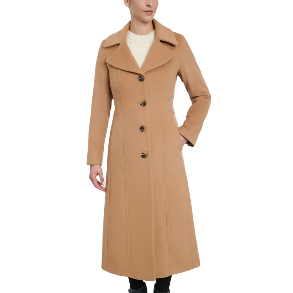 Womens Camel Single Breasted Wool Blend Coat Suede Fringe Jacket
