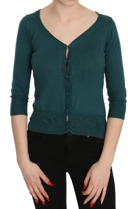Chic Blue Green Cotton Cardigan Top Embroidered Appliqued Beaded