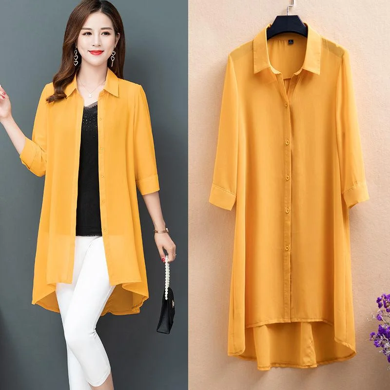 Chiffon Shirts Women's Large Size Mid-Length Three-quarter Sleeve Cardigan Outer Sunscreen Terry Blend Velvet Blend Canvas Blend Chiffon Shirts Women's Large Size Mid-Length Three-quarter Sleeve Cardigan Outer Sunscreen Terry Blend Velvet Blend Canvas Blend