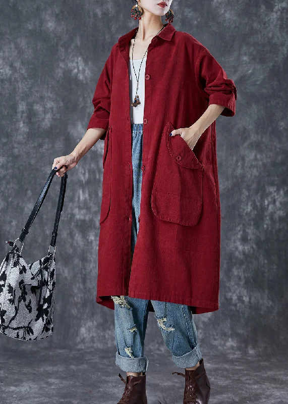 Classy Red Oversized Pockets Cotton Trench Coats Fall Military-Inspired Jacket