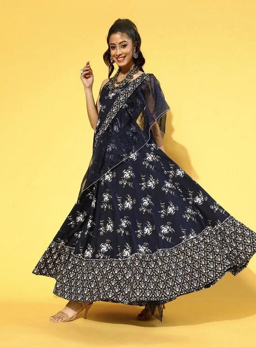 Deep Navy Blue Ethnic Motifs Draped Dress