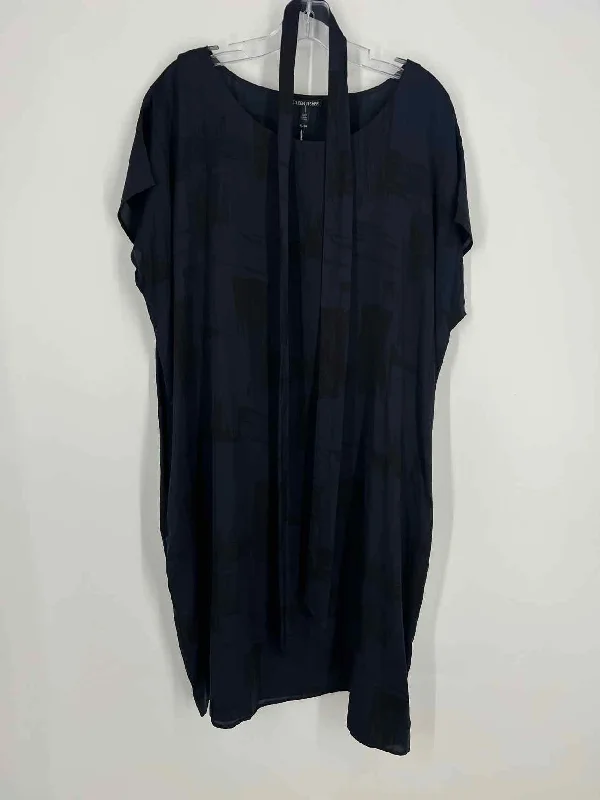 Eileen Fisher Size XL Navy/Black Brush Stroke Silk Blend Belted Dresses Dress