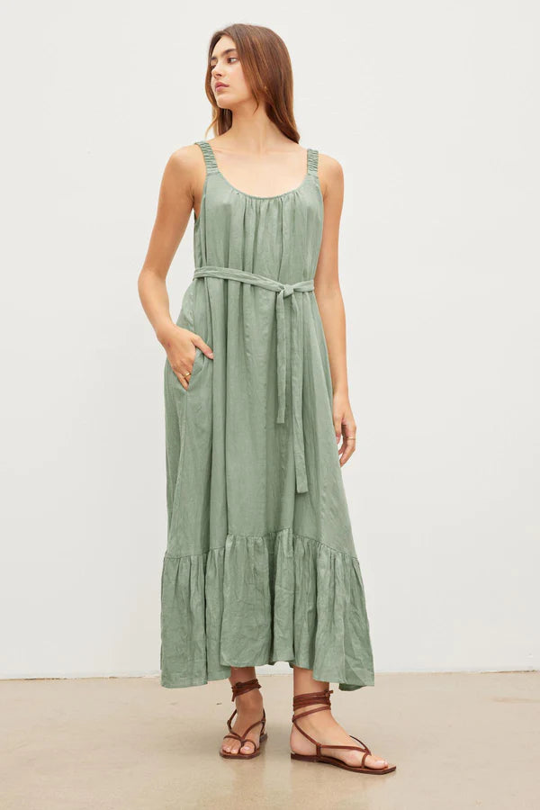 ELARA Linen Tiered Tank Dress in Aloe