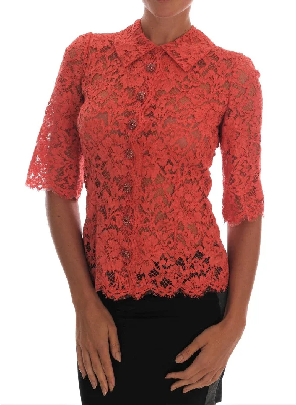 Elegant Orange Floral Lace Crystal Cardigan Blouse Mesh Blend Leather Blend Suede Blend