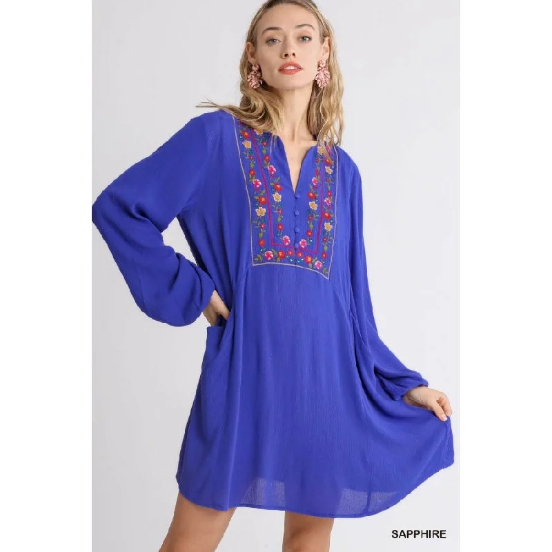 Embroidered Yoke Split Half Button Neck Bell Sleeve Dress