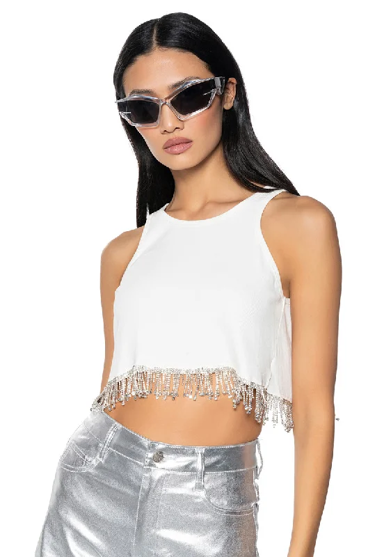 FEVER DREAM RHINESTONE FRINGE OPEN BACK TANK TOP flirty tank top