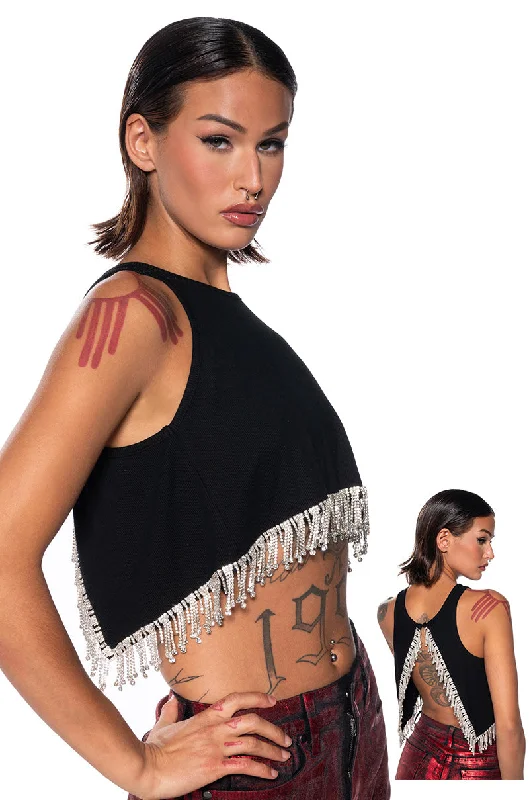 FEVER DREAM RHINESTONE FRINGE OPEN BACK TANK TOP high neck tank