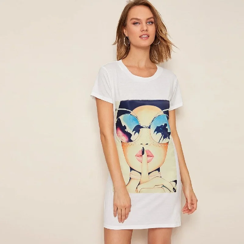 White Figure Print Tee Dress