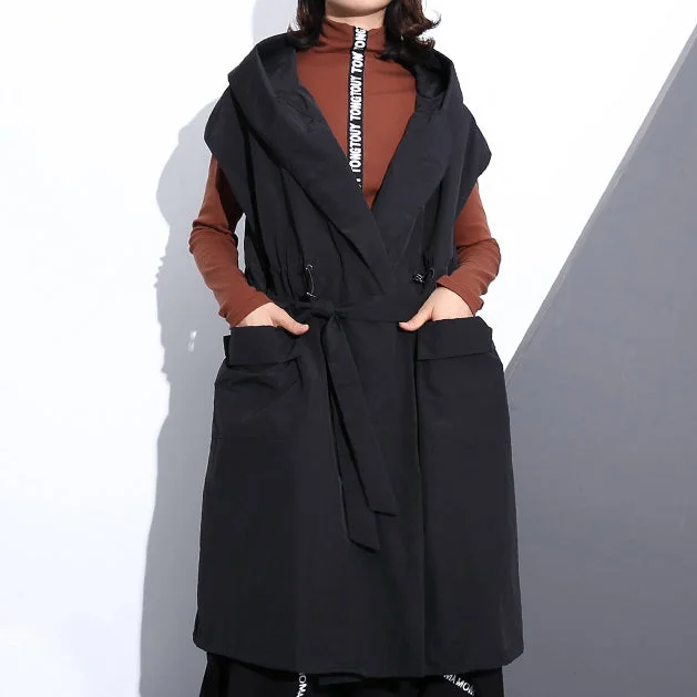 Fine black cotton blended tops plus size hooded tie waist clothing tops Elegant Sleeveless coats Minimalist Wool Duster Fine black cotton blended tops plus size hooded tie waist clothing tops Elegant Sleeveless coats Minimalist Wool Duster