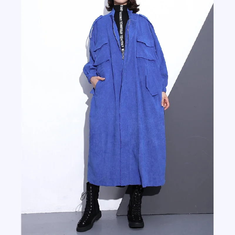 Fine blue long coat plus size Stand zippered trench coat boutique long sleeve pockets baggy long coats Fleece Lined Windbreaker Fine blue long coat plus size Stand zippered trench coat boutique long sleeve pockets baggy long coats Fleece Lined Windbreaker