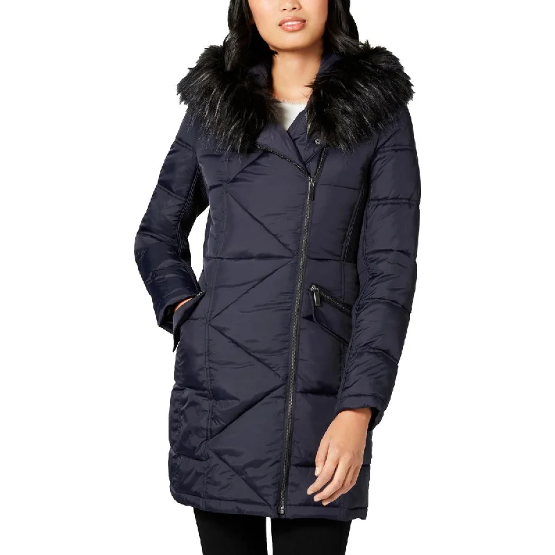 French Connection Women's Asymmetrical Faux Fur Trim Oversized Puffer Coat Casual Denim Jacket French Connection Women's Asymmetrical Faux Fur Trim Oversized Puffer Coat Casual Denim Jacket